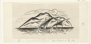 Two Sailing Ships in Front of an Island with Mountains by Leo Gestel (signed by artist)