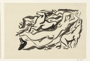 Naked Woman and Two Horses in the Sea