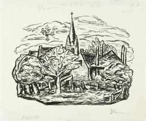 Vignette for Biography of Gestel by Prof. W. van der Pluym (View of Village Blaricum with Grazing Cow) by Leo Gestel
