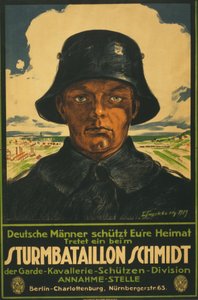 Sturmbataillon Schmidt; German Men Protect Your Homeland! 1919 (colour lithograph) by Leo Impekoven