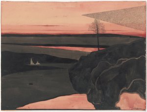 Landscape under a Red Evening Glow with Migratory Birds