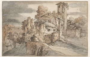 Church and Ancient Ruins in Italy by Leonaert Bramer (attributed to)