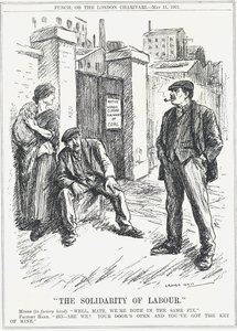 The Solidarity of Labour: Factory Worker, Locked Out Because of Lack of Coal, Telling a Miner That He Holds the Key for All Workplaces to Open Again. Cartoon by Leonard Raven-Hill by Leonard Raven Hill