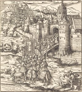 Various Men Kneeling on a Bridge in front of a Town