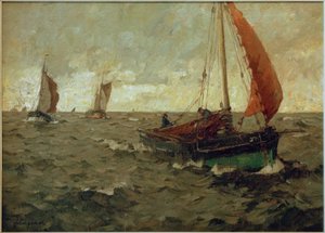 Fishing Cutter at Sea with Approaching Clouds