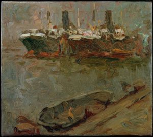 Barge at the Pier, Two Passenger Steamers in the Background