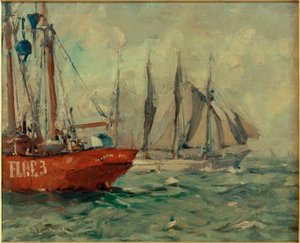 Four-Masted Gaff Schooner Passing Elbe 3 by Leonhard Sandrock