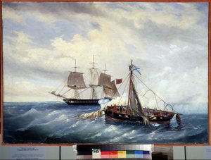 The naval battle between the Russian small ship Opyt and the British frigate off the island of Nargen, July 11, 1808