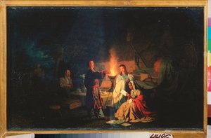 Actors at Rest. (The Actors Rehearse Their Text at Nightfall, Around a Torch, in the Courtyard of a Country House. Near Them, a Table with a Samovar and Cups, as well as Stage Equipment under Tarpaulins). Painting by Leonid