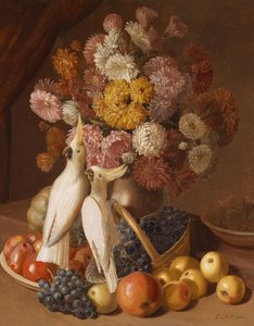 Still Life with Flowers, Fruits, and Nymph Parakeets
