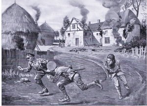 Sergeant Cooper and Two Comrades Dashing Off Under Enemy Fire After Setting Fire to a Farmhouse and Several Ricks by Leslie Mosley