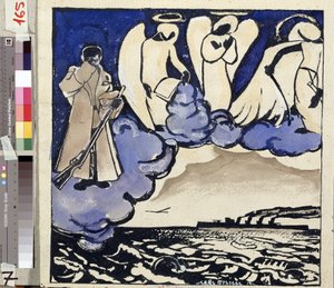 The War. Russia. 1914. Allegory of the First World War. A soldier and angels. Drawing and gouache by Lev Bruni by Lev Aleksandrovitc Bruni