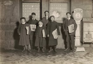 8:30 P.M. Group of Newsboys Selling at the Depot, Hartford, Connecticut. Smallest Boy 11 Years Old. by Lewis Wickes Hine