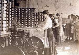 Young Women Working at a Spinning Machine in a Cotton Mill, South Carolina, 1908