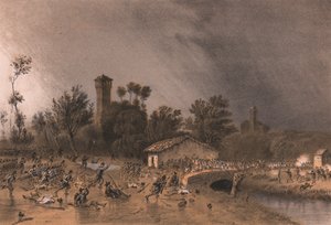 First Division of Regina Brigade attacking Montreoli Bridge, Palestro, Lombardy by Unbekannt Unbekannt