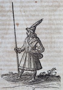 Inhabitant of Canada with snowshoes, illustration from Description de la Nouvelle France