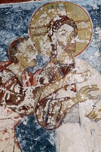 Jesus, Fresco in Byzantine Church of Agios Georgios, Vathi, Crete, Greece