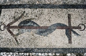 Mosaic depicting dolphin and anchor, Delos island