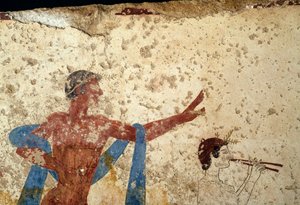 Procession with athlete, detail, fresco from Tomb of Diver, Paestum, Campania, Italy, Ancient Greek civilization, Magna Graecia, 3rd century BC
