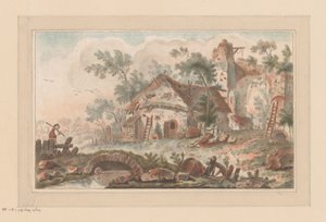 House by a Dilapidated City Gate, with a Man on a Bridge in the Foreground by Liger (attributed to)