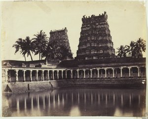 Madura. The Great Pagoda, Mootoo Alaghur and East Gopurum from Tank, 1858 by Linnaeus Tripe