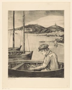 Fisherman in a Moored Boat by Lodewijk Schelfhout (signed by artist)