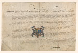 Diploma Elevating Cornelis Lampsins to Baron of Tobago and Knight of the Order of St. Michel by Louis XIV by Lodewijk XIV (koning van Frankrijk) (signed by artist)