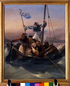 Greeks on a Ship Allegory of Greece Marching Towards Independence after the Ottoman Domination and the Greek War of Independence (1821-1830) or Greek Revolution. Painting by Ludovico Lipparini by Lodovico Lipparini