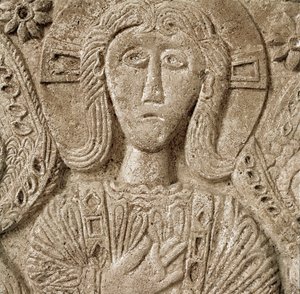 Archaeology of the Middle Ages: Barbarian Art of Lombardy: Detail of Christ, Low Relief of the Altar of Duke Rachis. 737-744. Cividale del Friuli, Chretien Museum, Treasure of the Cathedral
