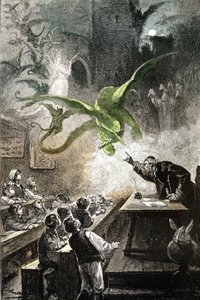 Illustration of the novel by Jules Verne “Le chateau des Carpathes”, edition Hetzel/Voyages extraordinaire 1892, drawing by Leon Benett. The magister Hermod evokes the castle with dragons, fairies, demons, spectres, revenants... by Léon Benett