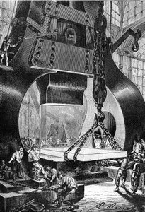Drawing by Leon Benett, from the book of Jules Verne "The 500 million of the Begum" - edition Hetzel/Extraordinary Voyages 1879. Hammer drummer at work in a steel foundry.