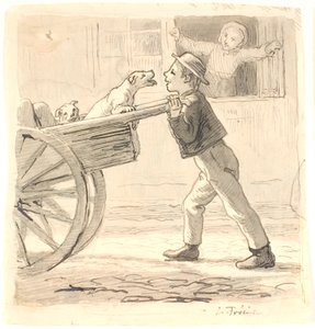 A Boy Pushing a Cart with Dogs