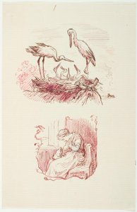 Foreground: Storks. Background: Seated Woman with a Frog on Her Lap by Lorenz Frølich