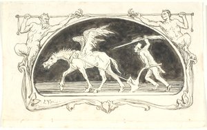 Vignette with a Worn-Out Pegasus in Front of a Plow, Driven by a Man with a High Hat, Armed with a Large Pen by Lorenz Frølich