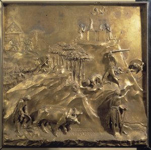 Life of Cain and Abel: the sacrifice, the murder of Abel and God banishing Cain. Original panel of the door of Paradise