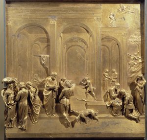 Life of Jacob and Esau: Esau sells his birthright and Isaac blessing Jacob (original panel of the door of Paradise)