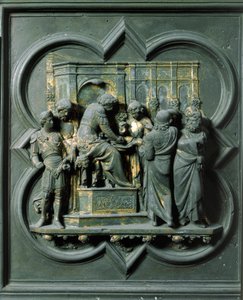 North Gate (called the Gate of the Cross, in the North), external detail: Christ faces Pontius Pilate. Bronze sculpture made by Lorenzo Ghiberti