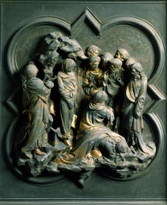 North Porte, exterior detail: The Resurrection of Lazarus. Bronze sculpture by Lorenzo Ghiberti