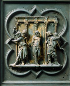 North Gate (called Gate of the Cross, in the North), exterior detail: The Flagellation. Bronze sculpture made by Lorenzo Ghiberti