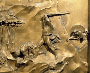 The Story of Cain and Abel, detail of the Killing of Abel, original panel from the East Doors of the Baptistery, 1425-52 (post restoration)