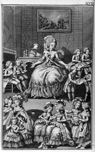Illustration by Louis Binet (1744-1800) for the book by Nicolas Edme Restif de La Bretonne Les Parisiennes, or XL General Characters Taken in the Modern Moors, fit to serve a l