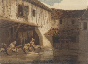 Women Washing in an Open Hall of a Housing Complex by the Water by Louis Adolphe Hervier (signed by artist)