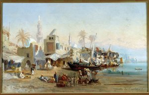 Fishermen and Mosques of the Port of Boulack in Egypt by Louis Amable Crapelet
