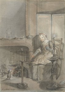 Interior with a Young Woman Winding Wool by Louis Aubert