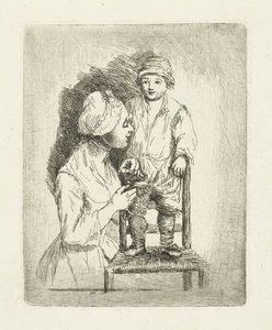 A Mother Sewing a Button on Her Son