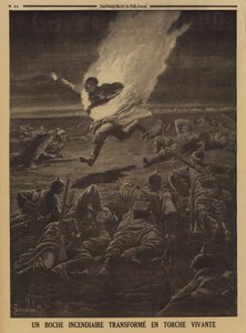 German soldier carrying flammable materials turned into a human torch during a night battle, World War I by Louis Charles (after) Bombled