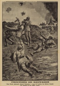 Two wounded German soldiers shooting French officers who had helped them to shelter in the back, World War I by Louis Charles (after) Bombled