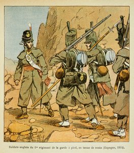 Illustration from the book The Memorial of Saint Helene by Count Emmanuel de Las Cases: English Soldiers of the 1st Regiment of the Guard in a roadstand (Spain 1814)