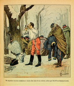 Captain Gaucher does not give up any of the care of his toilet even in the middle of winter (The Eastern Armee) by Louis Charles Bombled