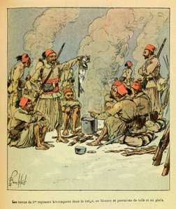 January 1871, the Turcos of the 1st regiment bivouac in the snow, in blouses and trousers of canvas and bare feet by Louis Charles Bombled